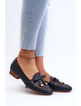 Ażurowe Baleriny Damskie Z Kokardką Granatowe Nestavia