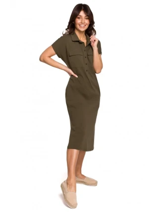 B222 Safari šaty s vreckami a chlopňou - khaki