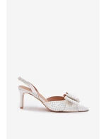 Zdobione Szpilki Z Odkrytą Piętą I Kokardką Białe Nilandriela