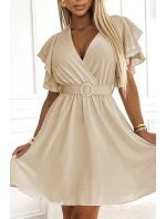 586-1 Dámske šaty s obálkovým výstrihom, rukávmi a opaskom - béžové 586-1 Dámske šaty s obálkovým výstrihom, rukávmi a opaskom - béžové