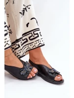 Połyskujące Sandały Damskie Z Ozdobą Płaskie Czarne Russona