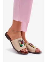 Klapki Damskie Na Płaskim Obcasie Z Ozdobą Złote Clelione