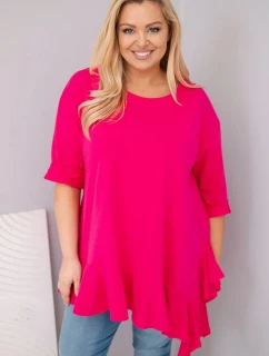 Dámska blúzka v nadmernej veľkosti s bavlnou a volánom a vyhrnutými rukávmi Fuchsia