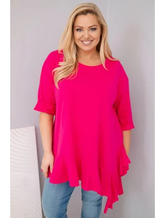 Dámska blúzka v nadmernej veľkosti s bavlnou a volánom a vyhrnutými rukávmi Fuchsia