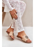 Skórzane Klapki Z Ozdobą Na Płaskim Obcasie Lewski 3047/O Beżowe