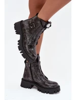 Skórzane Lakierowane Botki Damskie Z Ozdobą Ocieplane Artiker 57C2081 Grafitowe