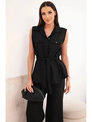 Dámsky komplet s uzlovou blúzkou a širokými nohavicami čiernej farby Dámsky komplet s uzlovou blúzkou a širokými nohavicami čiernej farby