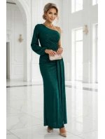 658-2 Trblietavé maxi šaty na jedno rameno s asymetrickými rukávmi a rozparkom - fľaškovo zelené