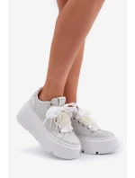 Skórzane Sneakersy Na Platformie CheBello 4658 Srebrne
