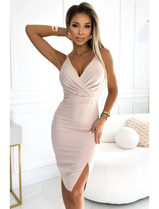 555-1 Elegantné midi šaty s výstrihom a rozparkom na nohách - BEACH