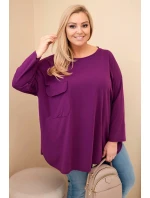 Dámska blúzka Plus Size s bavlnou, vreckom a vyhrnutými rukávmi tmavo fialová