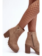 Damskie Zamszowe Botki Na Słupku Z Ozdobą Beżowe Strong