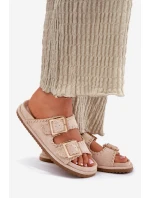 Klapki Damskie Z Klamrami I Ozdobnym Obszyciem Beżowe Visley