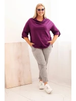 Dámske Plus veľkosť bavlnené voľné fit blúzka s vodou výstrihom tmavo fialová