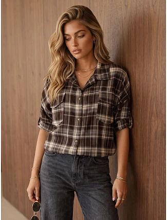 Dámska flanelová košeľa s kockovaným vzorom, hnedá, FashionStreet DY0499