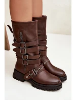 Ocieplane Kozaki Damskie Z Paskami I Klamrami Brązowe Ivaline