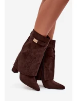 Ocieplane Botki Damskie Na Słupku Z Ozdobnym Paskiem Czekoladowe Luvielle
