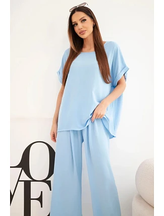 Dámske Plus veľkosť blúzka a široké nohavice Set Blue Dámske Plus veľkosť blúzka a široké nohavice Set Blue