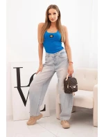 Dámsky prúžkovaný top na ramienka s ozdobnou aplikáciou džínsov modrý