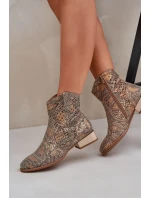 Ażurowe Damskie Botki Na Niskim Obcasie Ozdobione Zwierzęcym Wzorem Złote Neliawen