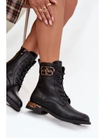 Skórzane Botki Damskie Na Płaskim Obcasie Z Ozdobą Ocieplane Artiker 57C1064 Czarne