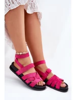 Eko Zamszowe Sandały Damskie Z Rzepami Fuksja Valpera