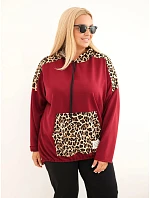 Dámska mikina Plus Size z viskózy s kapucňou a vložkami s leopardím vzorom, bordó-červená Dámska mikina Plus Size z viskózy s kapucňou a vložkami s leopardím vzorom, bordó-červená