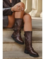 Ocieplane Kozaki Damskie Z Paskami I Klamrami Brązowe Ivaline