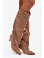 Nazouvací dámské kozačky na podpatku se zlatými ozdobami béžové Thaliane