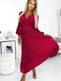 414-9 KLARA plisované šaty s opaskom a výstrihom - bordové
