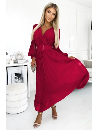 414-9 KLARA plisované šaty s opaskom a výstrihom - bordové