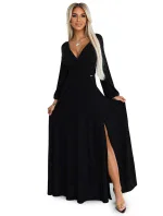 572-2 NELA lesklé dlhé šaty s výstrihom a dlhými rukávmi - ČIERNE