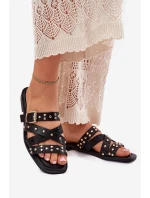 Zdobione Klapki Damskie Na Płaskim Obcasie Z Paskami I Klamrą Czarne Manitte