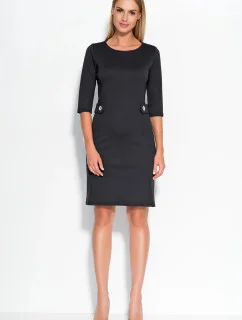 Dámske šaty značkové zdobené v páse gombíkmi stredne dlhé čierne - Čierna - Makadamové