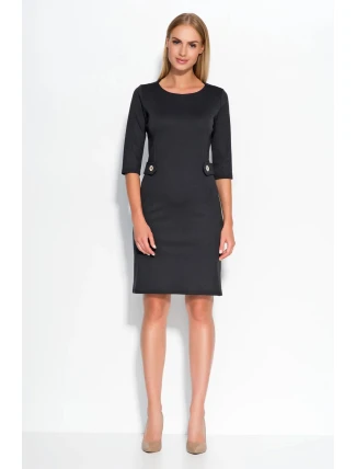 Dámske šaty značkové zdobené v páse gombíkmi stredne dlhé čierne - Čierna - Makadamové Dámske šaty značkové zdobené v páse gombíkmi stredne dlhé čierne - Čierna - Makadamové