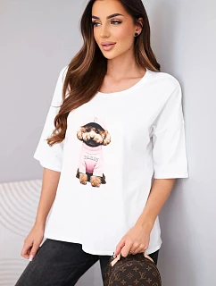 Dámska bavlnená blúzka oversize s krátkymi rukávmi a véčkovou potlačou biela
