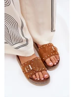 Klapki Damskie Na Platformie Z Klamrą I Ćwiekami Camel Nusithia