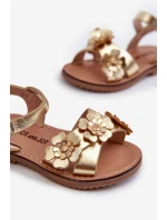 Sandałki Dziecięce Ozdobione Kwiatkami Zapinane Na Rzep Złote Fagossa