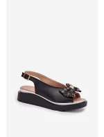 Skórzane Sandały Damskie Na Koturnie Z Kokardą Zazoo 1882 Czarne