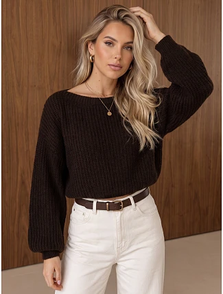 Dámsky krátky sveter s nastaviteľným pásom, čokoládovo hnedý, FashionStreet MY2619