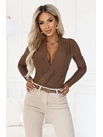 375-11 Štýlový dámsky body s krížovým výstrihom – farba mokka hnedá
