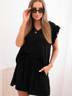 Dámska súprava z viskózy, blúzka s volánmi a krátke šortky čierna