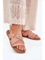 Sandały Damskie Na Płaskim Obcasie Ze Złotymi Ćwiekami Różowe Zanira