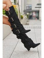 Kozaki Damskie Na Słupku Z Wywiniętą Cholewką I Złotymi Klamrami Eko Zamszowe Czarne Isavelle