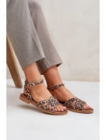 Skórzane Sandały Damskie Na Płaskim Obcasie Panterka Zazoo 3688 Brązowe