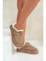 Kapcie Damskie Na Grubej Podeszwie Z Futerkiem I Klamrą Ciemnobeżowe Linneola