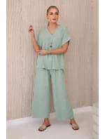 Súprava s náhrdelníkom blúzka + nohavice tmavá mentolová