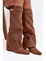 Kozačky Eko semišové podpatek sloupek na zip vyhřívané vytočená lýtka tmavě béžové Evyra