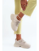 Sneakersy Damskie Na Masywnej Podeszwie Z Ozdobnym Sznurowaniem Beżowe Relissa