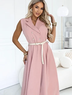 596-6 Elegantná midi košeľa so zlatými gombíkmi a opaskom – pudrovoružová